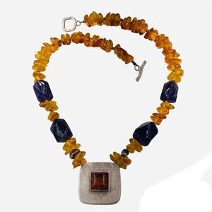 Designer Avi Soffer Sterling Amber Amethyst Modernist Necklace